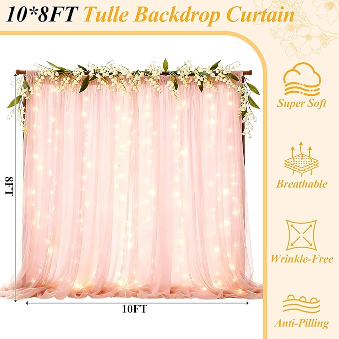 Ledido 3 Pack 10×8ft Pink Tulle Backdrop Curtains with Lights String - 900LED Fairy Lights Sheer Curtain Backdrop for Wedding Baby Shower Photo Shoot Birthday Party Decoration(6 Panels 5×8ft)，Pink