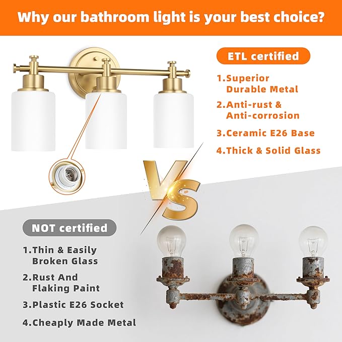 3-Light Gold Bathroom Vanity Light Fixtures, Brushed Gold Wall Sconce, Champagne Gold Vanity Light with Milky White Glass Shade Over Mirror, Bathroom, Bedroom, Modern Style, E26 Base