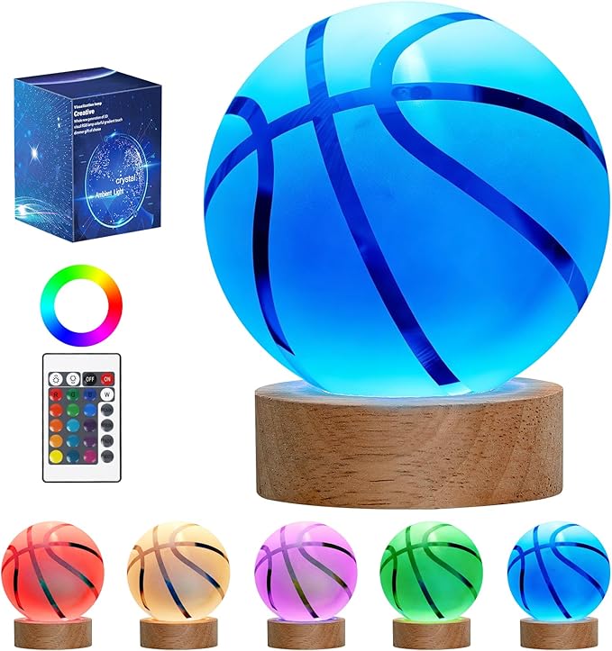 Basketball Night Light, 3D Crystal Ball Lamp with 16 LED Color Changing & Remote, 3.15 Inch Unique Desk Decor, Gift for Women Men Kids, Birthday Christmas Home Room Decoration, Basketball Lamp