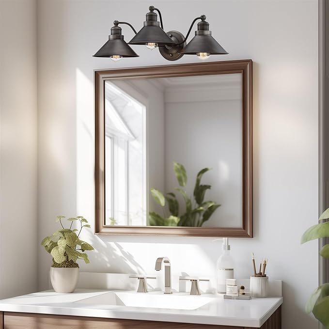 Kira Home Welton 25.5" 3-Light Modern Farmhouse Vanity Light with Funnel Shades, Industrial Dark Bronze Wall Sconce Bathroom Light, Brushed Dark Bronze Finish