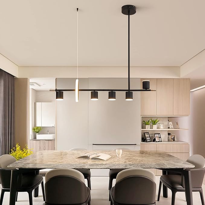 Siittoo Modern Black Pendant Light, LED Dimmable Hanging Pendant Light Fixture with Spotlights, 40'' Modern LED Chandelier Kitchen Island Light for Table Dining Room Bar (40W, 6-Light, Matte Black)