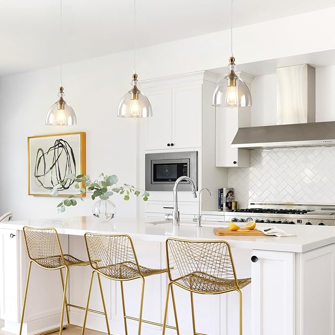 Vintage Pendant Light, Champagne Bronze Pendant Light Kitchen Island, Modern Glass Pendant Lights for Living Room, Dining Room, Bedroom, Hallway, Foyer, Sink, 2 Pack