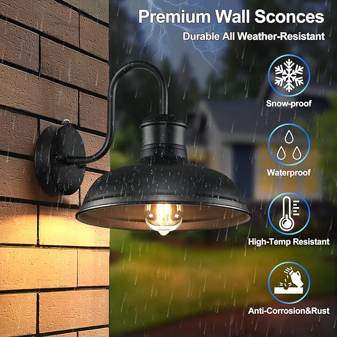 2-Pack Dusk to Dawn Outdoor Wall Sconces, Exterior Farmhouse Gooseneck Barn Light, Vintage Matte Black Outside Wall Mount Light Fixture, Anti-Rust Waterproof Outdoor Light for House Porch Garage