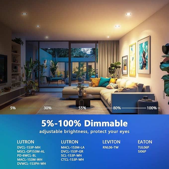 LVWIT Black LED Recessed Light 6 Inch, Can Lights Color Selectable 2700/3000/4000/5000/6000K 5CCT, 9W=120W,1000LM, Dimmable Downlight with E26 Conversion Kit, 6 Pack,IC Rated