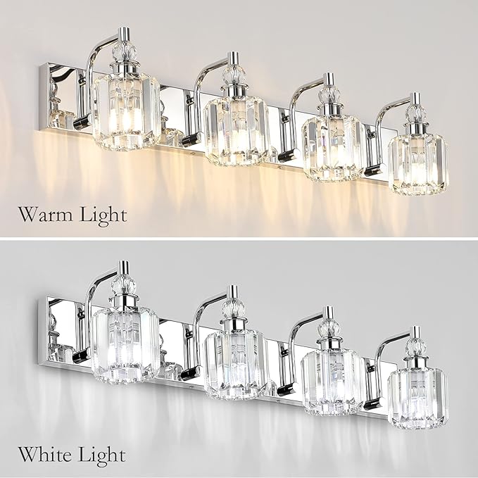 Ralbay Crystal Bathroom Vanity Light - 4 Light Modern Crystal Bathroom Lights Fixtures Over Mirror, Stainless Steel Chrome Vanity Light for Wall Lights Fixtures