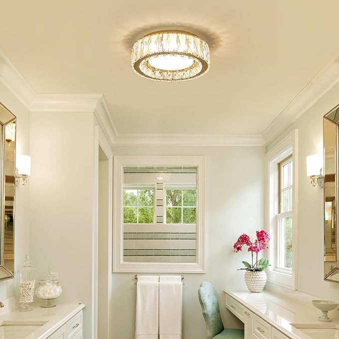Dimmable Modern Luxury Crystal LED Flush Mount Ceiling Light,11 Inch 24W/5CCT 3000K-6000K Gold Close to Ceiling Light Fixture r for Kitchen,Entryway,Laundry Room,Porch