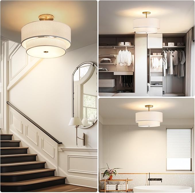 Fabric Semi Flush Mount Lighting Fixture, Modern Semi Chandeliers, 2 Tier Drum Ceiling Light, White Fabric Shade 3-Light for Kitchen Island Bedroom Hallway Foyer, E26, W16xH14