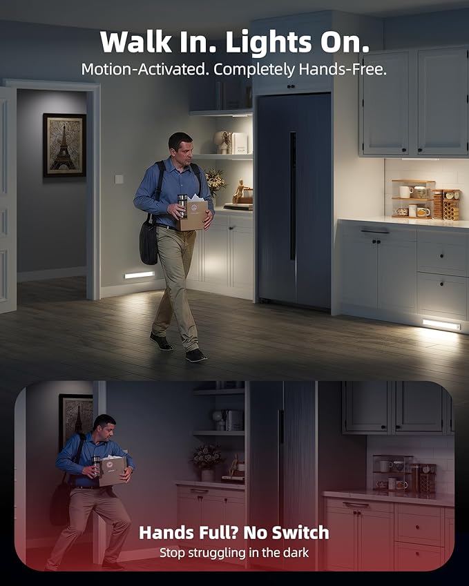 3Pack-Under Cabinet Lighting Wireless, Rechargeable Battery Motion Sensor Light Indoor, LED Closet Lights USB Charging, 3 Color Dimmable Under Cabinet Lights for Kitchen, Cabinet, Wardrobe (14inch)