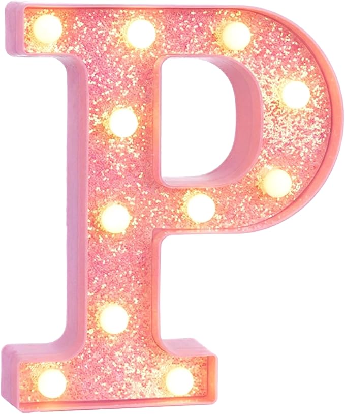 Pink Marquee Light Up Letters, Glitter Alphabet LED Letter Lights for Pink Birthday Party Decorations, Battery Operated Letter Sign for Girls Room Vanity Table Decor, Warm White Lights Letter P