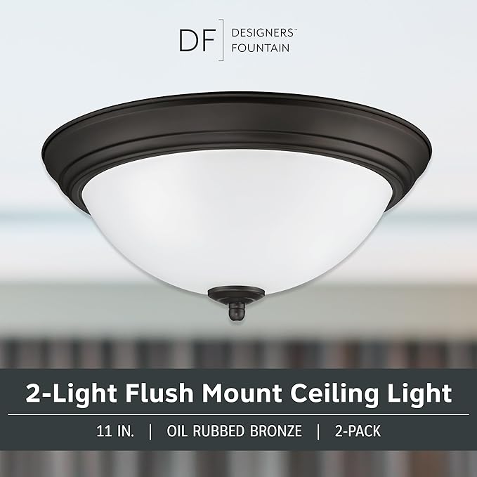 Designers Fountain Flush Mount Ceiling Light, 11 Inch Frosted Glass Lighting Fixture for Kitchen, Bedroom, Bathroom, and Hallway, LED Bulbs not Included, Oil Rubbed Bronze