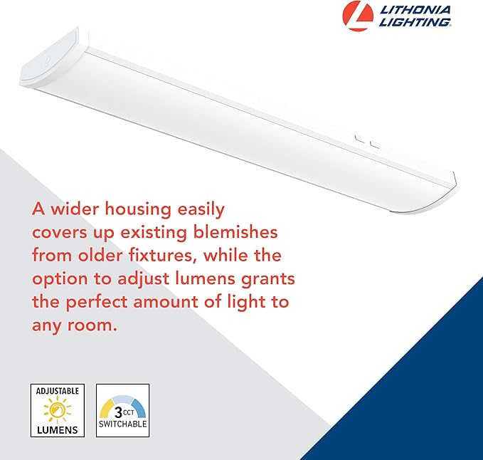 Lithonia Lighting 4 Foot LED Ceiling Light Fixture, 4 Ft LED Shop Light, Low Profile, Wide Housing Wraparound, Adjustable Lumens, Selectable White Color, Triac Dimming, 120V (FML4W 48 ALO6 8SWW2 TD)