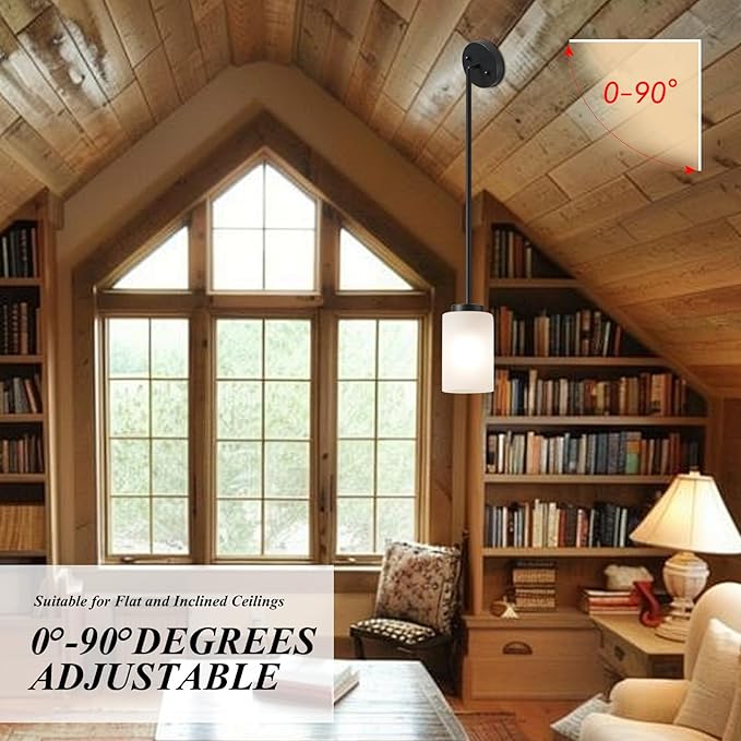 1-Light Mini Pendant Light Fixtures, Industrial Chandelier Hanging Ceiling Lights with Opal White Glass, Adjustable Height, Black Pendant Lamp, 2 Pack