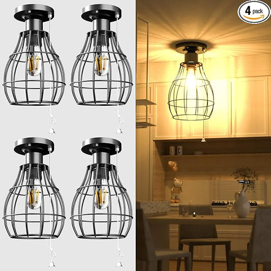 Lightdot Farmhouse Flush Mount Ceiling Light with Pull Chain Industrial Ceiling Light Fixture Rustic Black Metal Cage Close to Ceiling Lamp E26 Base for Closet Hallway Foyer Kitchen-4Pack