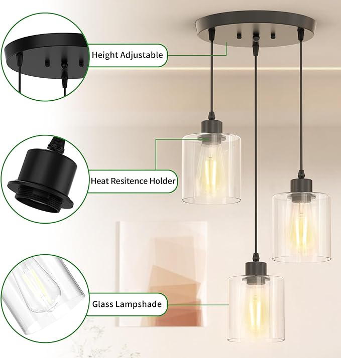 3 Light Pendant Lighting, Farmhouse Hanging Light Fixture for Kitchen Island & Dining Room, Industrial Vintage Ceiling Lamp with E26 Base, Adjustable Height, with Clear Glass 4.7" Shades