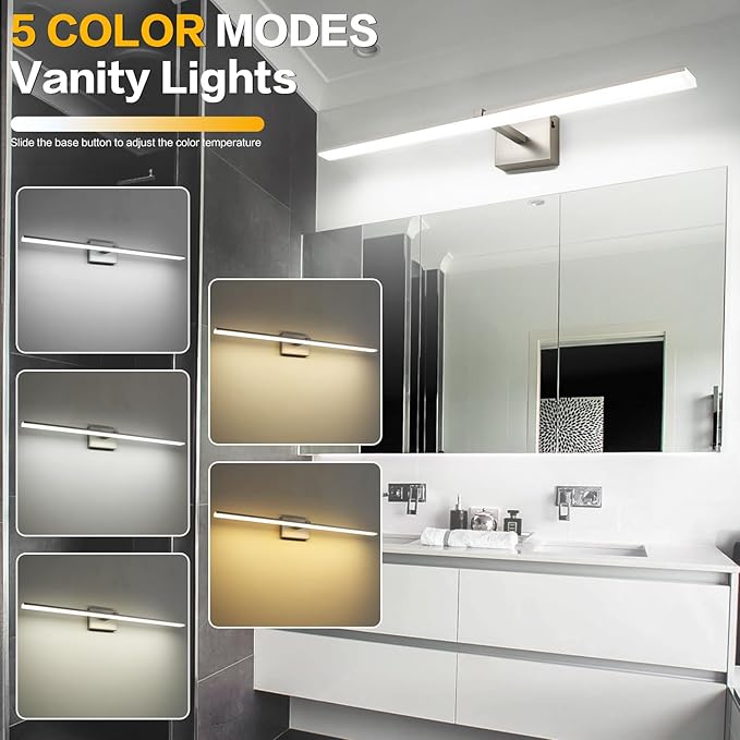 ZUZITO 40 Inch Bathroom Vanity Lights Over Mirror Brushed Nickel Arm Over Cabinet Wide LED Bar 5CCT 2900K 6000K High Lumen IP44