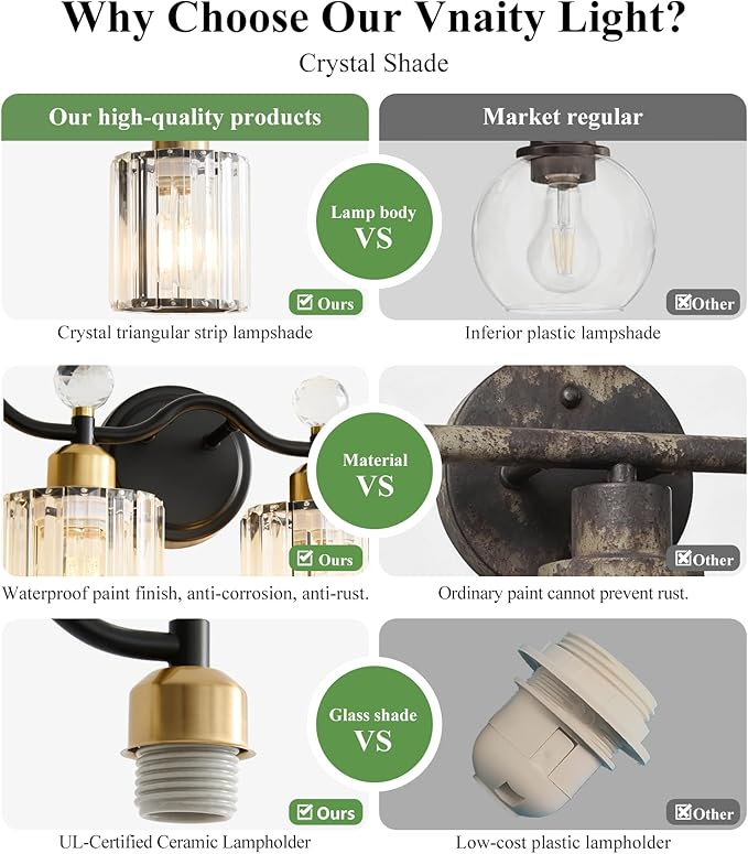 Modern Crystal Bathroom Vanity Light,Balck and Gold 3-Lights Bathroom Light Fixtures, Vanity Light Fixtures Over Mirror, Glass Wall Sconce Light for Bedroom, Kitchen, Living Room, Gallery, E26 Base