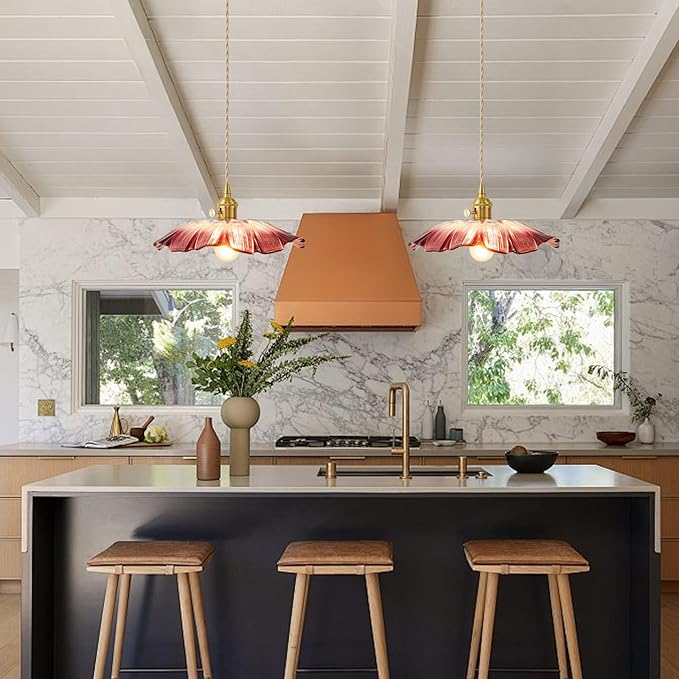 Pendant Lights Kitchen Island Glass Vintage Hanging Light Fixture Purple Flower Light E26 Gold Lights for Bedroom Kitchen Hallway Light Fixtures Bathroom Purple Sunflower Light 2 Pack
