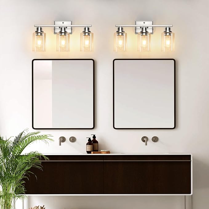 Unicozin 3 Light Bathroom Light Fixtures, Modern Vanity Lights Over Mirror, Brushed Nickel Wall Lamp with Clear Glass for Living Room Cabinet Bedroom Porch