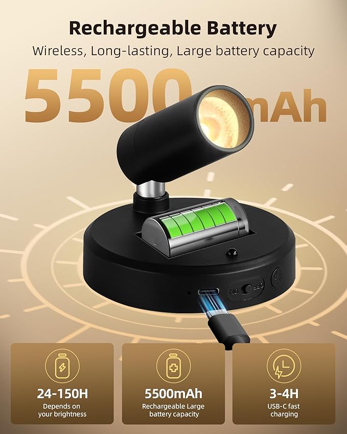 EZVALO Spotlights Indoor with Remote, 5500mAh Rechargeable Picture Lights, Wireless LED Uplighting with Timer＆Dimmable, 3CCT, Mini Plant Spot Lights for Painting, Artwork (4Pack-Black)