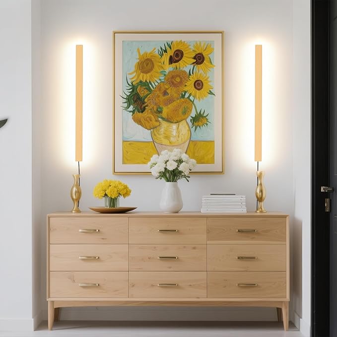 KELUOLY Modern Plug in Wall Sconces, 23.6 inch Frosted Gold LED Long Wall Lights, 12W Warm White 3000K Acrylic Indoor Wall lamp,with 59" Plug Cable for Bedroom, Living Room, Bathroom Makeup, Hallway