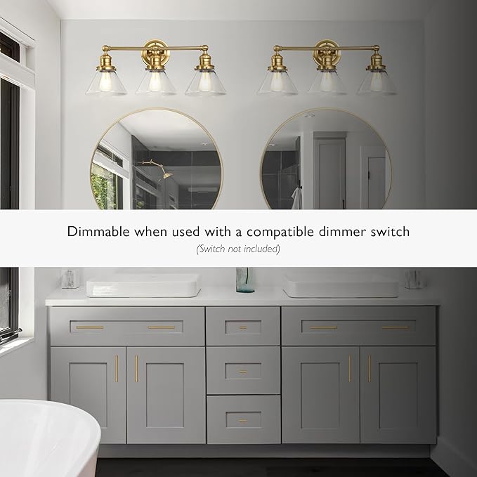 Design House Augustin Vanity Light, 3-Light, Seeded Glass Warm Glow, Dimmable, Up/Down Glow, Easy Installation, E26 Socket, Satin Gold, 25.9 in L x 8.3 in D x 11.1 in H, 589036-SG