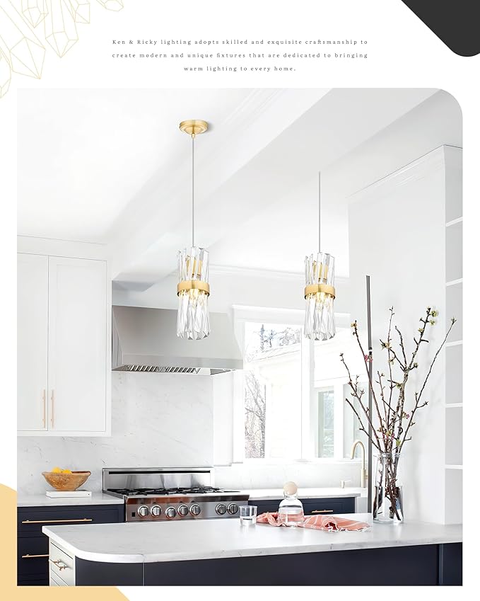 Ken & Ricky Pendant Lights Kitchen Island Gold 3 Pack,Crystal Pendant Lighting Over Island,Modern Pendant Light Fixtures for Dining Room Bedroom Bathroom Livingroom