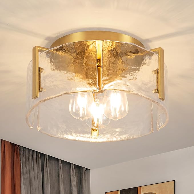 Gold Semi Flush Mount Ceiling Light Fixture, Modern Flush Mount Ceiling Lights, 3-Light Glass Drum Fixture for Dining Room, Farmhouse Foyer Lighting Fixtures for Kitchen, Entryway, Hallway, Bedroom
