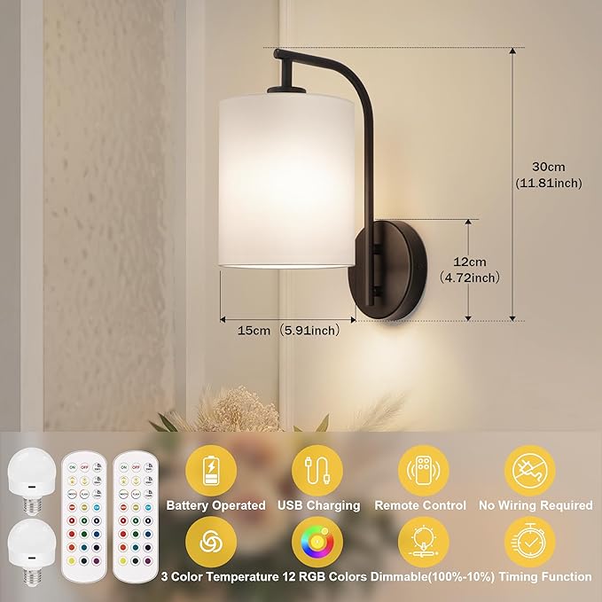 MATAMEYE Battery Operated Wall Sconce Set of 2, Black Rechargeable Dimmable Wall Light Fixture Remote, 12 RGB Colors & Timer, Wireless Lamp White Shade