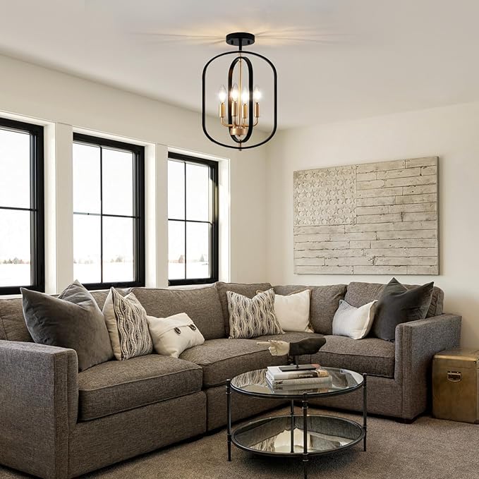 Black Gold Semi Flush Mount Ceiling Light Fixture, Modern Close to Ceiling Light Fixtures Ceiling Mount, Dimmable Foyer Kitchen Lighting Fixtures Ceiling Lights for Bedroom, Hallway, Entryway