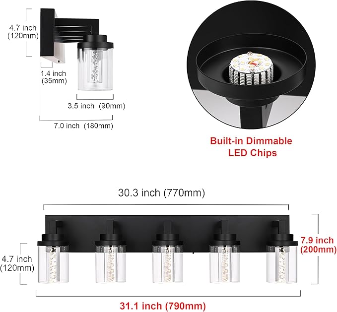 MELUCEE Black Vanity Lights for Bathroom, 5CCT Dimmable LED Bathroom Lights with Bubble Crystal and Clear Glass Shade, LED Vanity Light Bar Above Mirror Kitchen Sink, Built-in Led Chips, 25W