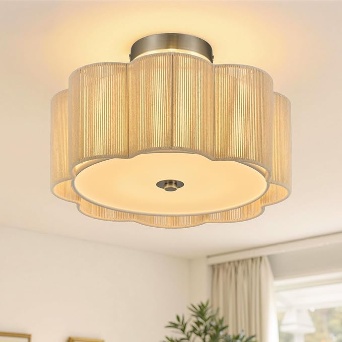 VONLUCE Semi-Flush Mount Boho Ceiling Light, 13.4" 3-Light Rattan Ceiling Light Fixture with 2 Tier Rattan Fabric Petal Shade, Lighting for Bedroom Dining Living Room, Nickel Finish, ETL Certificated