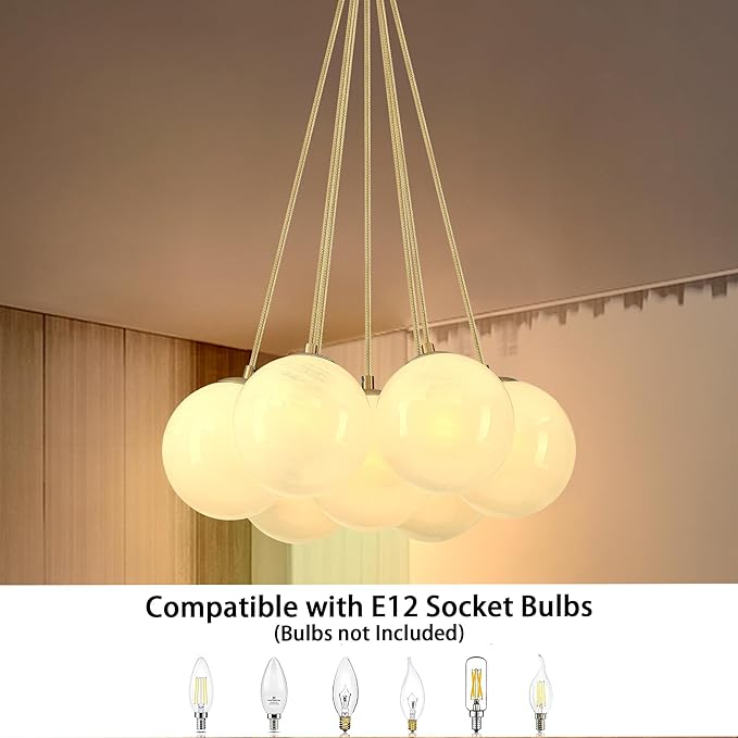 Modern Globe Chandelier Milky Glass Shade Gold Sputnik Ceiling Light Fixture, Mid Century Bubble Dining Room Pendant Light, Hanging Island Light for Kitchen Bedroom Entryway Over Table