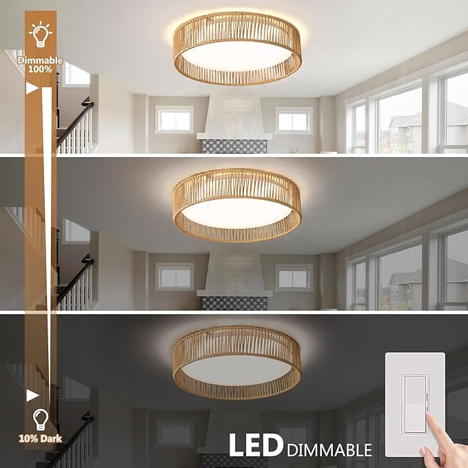 Rattan Overhead Light Fixture, 24W 16.9inch LED Dimmable Handwoven Boho Light Fixture 5CCT 3000K-6000K for Hallway Bedroom Kitchen Entryway Living Room