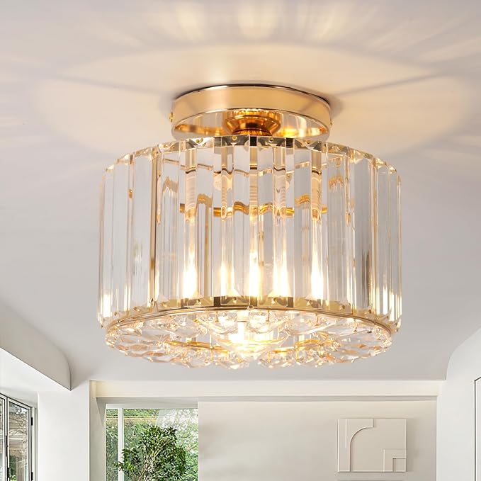 Crystal Ceiling Light, Semi Flush Mount Ceiling Light Gold Crystal Chandelier for Bedroom Kitchen Hallway Entrance Balcony Dining Rooms Living Rooms Bar