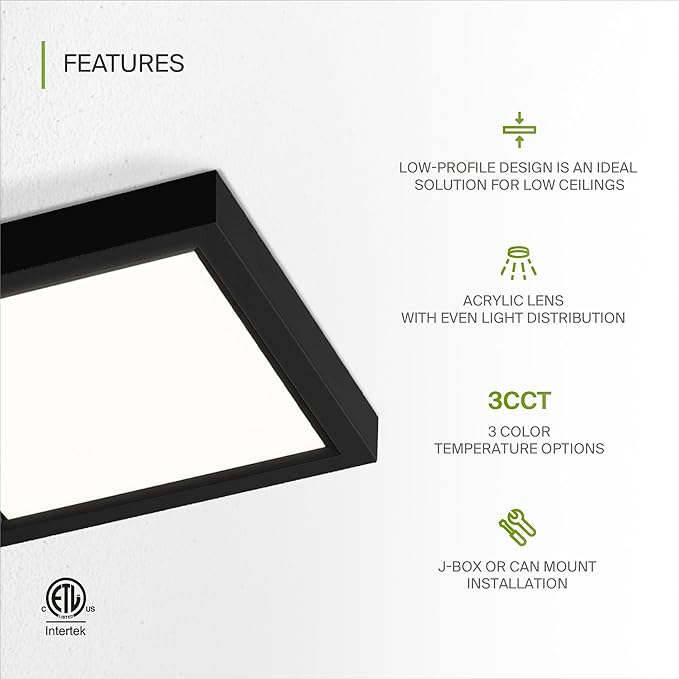 ASD LED 5" Square Flush Mount Light | 10W 740LM 3000-5000K 120V | 3CCT, Dimmable, Ultra Slim, ETL Listed | Thin Surface Lamp, Bedroom Ceiling Lighting | Black, 6 Pack