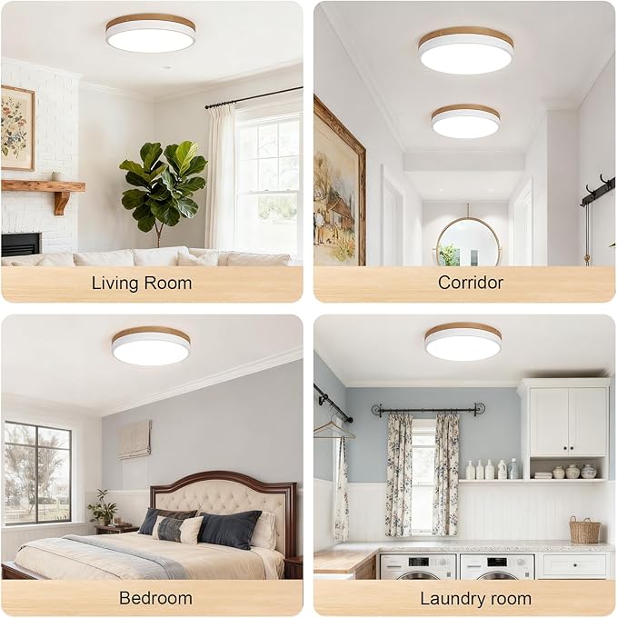 11.8 inch Wood Led Flush Mount Ceiling Light, Dimmable, 5CCT 3000K-6000K Selectable, 36W, 3600LM, Round Modern White Light Fixture Ceiling Mount for Bedroom, Laundry Room,Kitchen, Hallway, White
