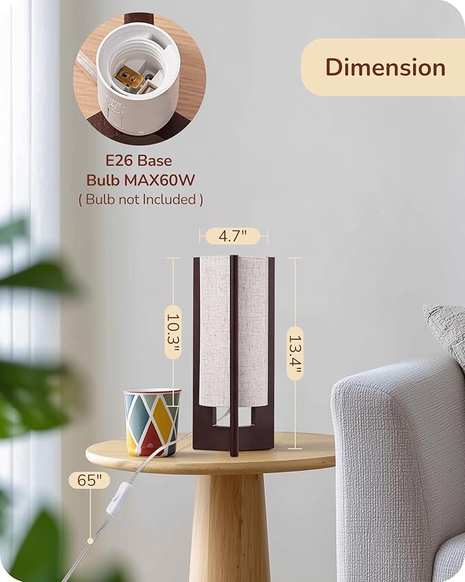 EDISHINE Wood Table Lamp, 13.5" Small Bedside Lamp, Beige Linen Shade, Rose Wood Cylinder Nightstand Lamp for Bedroom Living Room, On-Off Line Switch, E26 Base (Bulb Not Included)
