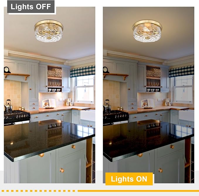 Flush Mount Ceiling Light with Water Ripple Glass Shade, Modern 2-Light Ceiling-Mount Light Fixtures for Bedroom Living Room Gold Metal Farmhous Ceiling Lamp for Lighting and Decoration