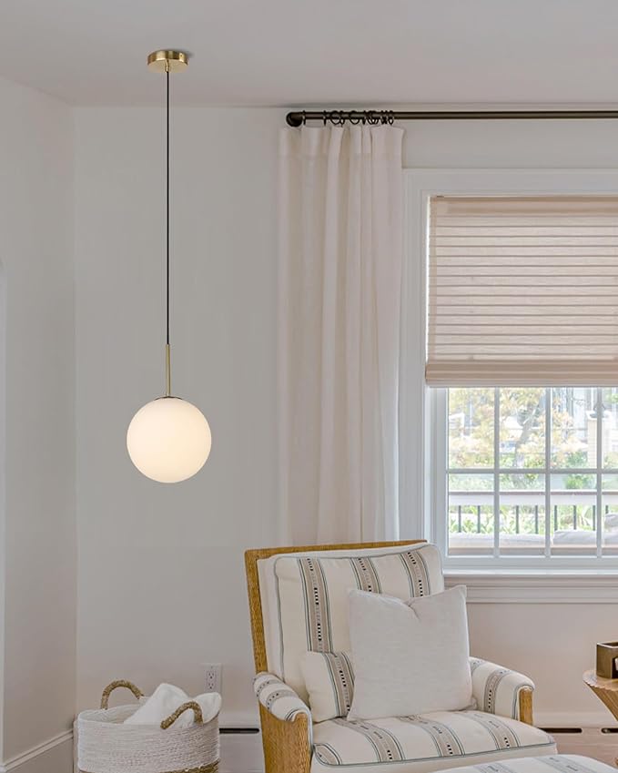 10" Milk Glass Pendant Light Mid Century Modern Globe Hanging Light Fixtures for Dining Room Kitchen Island Bedroom, Gold