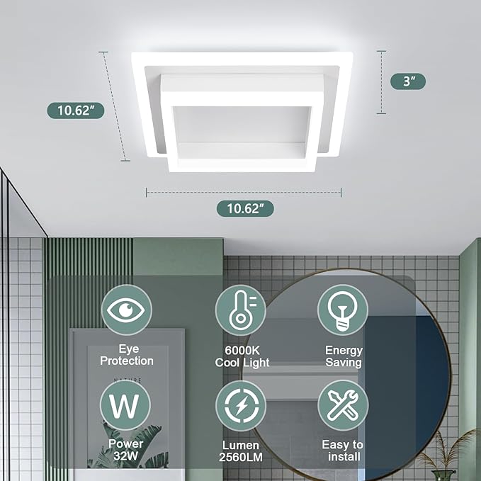 EIDISUNY 32W Flush Mount Modern LED Ceiling Lights, Small Hallway Ceiling Light, Cool White 6000K Acrylic LED Kitchen Ceiling Light Fixtures for Bedroom Dining Room Bathroom (3 Pack)