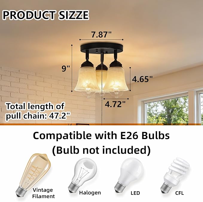 3-Light Flush Mount Ceiling Light with Pull Chain Alabaster Glass Low Profile Lighting Fixtures for Kitchen Living Room Dining Room Closet, Black