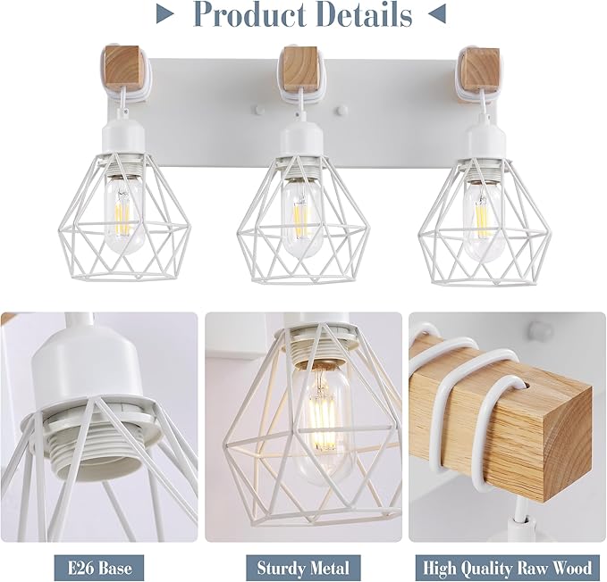 Farmhouse Vanity Light for Bathroom, 3-Light White Wood Bathroom Vanity Light Fixtures Over Mirror, Rustic Sconces Wall Lighting with Metal Lampshade for Living Room, Bedroom, Hallway