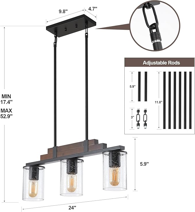 Farmhouse Wood Kitchen Island Lighting, 3-Light Adjustable Chandelier for Dining Room, Seeded Glass Shade Dining Room Light Fixture Over Table, Black Hanging Pendant Lights for Kitchen, Pool Table