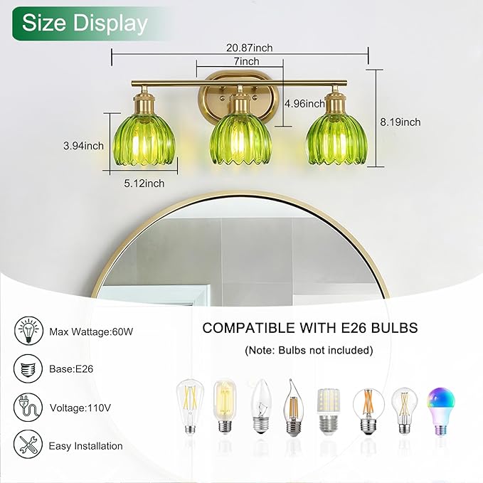 Gold Bathroom Light Fixtures, 3-Light Vanity Lights for Bathroom with Ribbed Green Tulip Glass Shade, Brass Wall Scone Lighting Over Mirror for Farmhouse,Bedroom,Living Room,Hallway