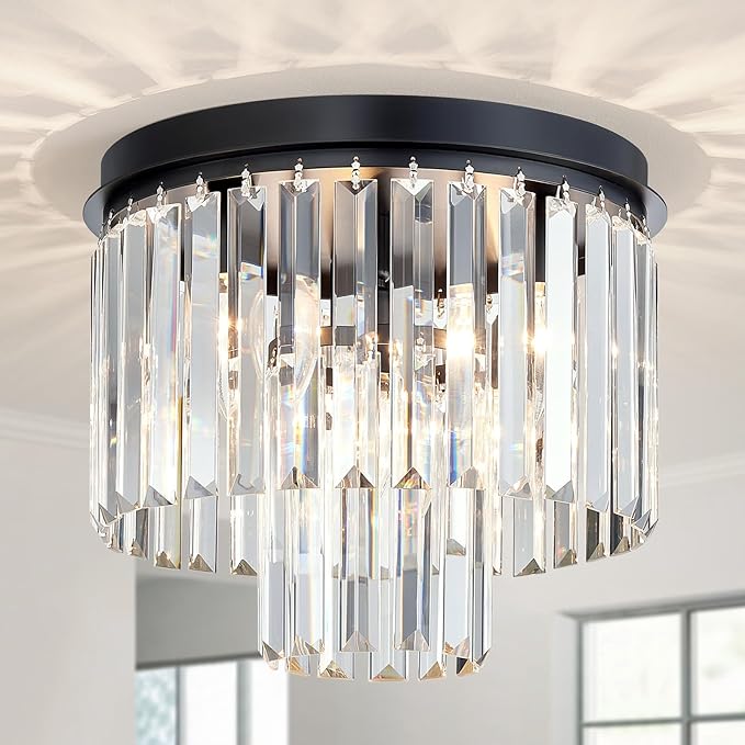 Crystal Ceiling Light, 3-Light Modern Flush Mount Ceiling Light Fixture for Living Room, Dinning Room, Hallway, D12xH13inch, Black Finish Frame & K9 Crystal