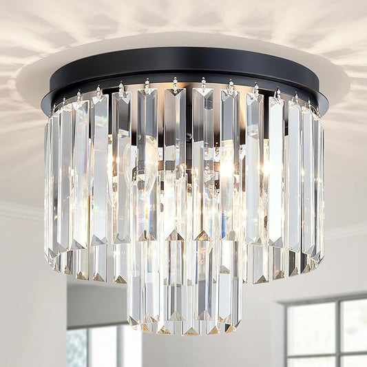 Crystal Ceiling Light, 3-Light Modern Flush Mount Ceiling Light Fixture for Living Room, Dinning Room, Hallway, D12xH13inch, Black Finish Frame & K9 Crystal