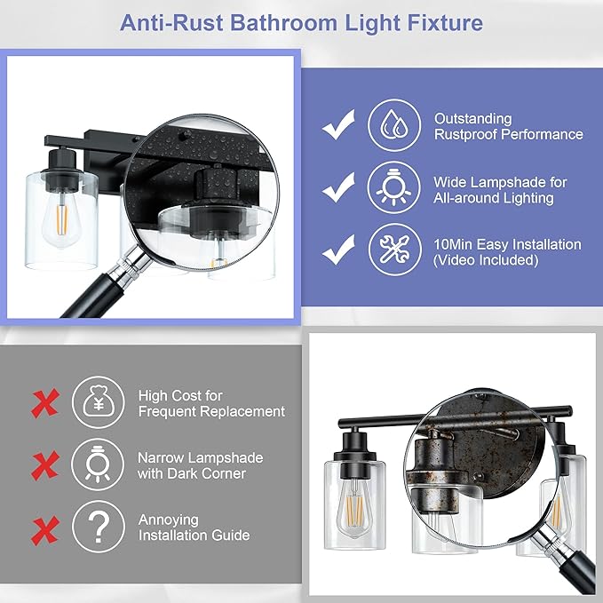Black Bathroom Lights Over Mirror, Anti-Rust 3-Light Vanity Lighting Fixture for Bathroom, Modern 18Inches Wall Sconce Light for Living Room, Standard E26 Base, Clear Glass Shades, Bulbs Not Included