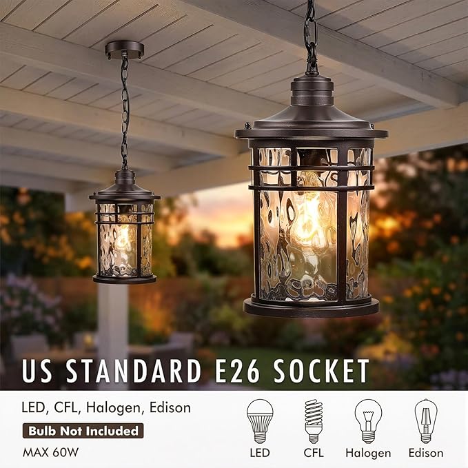 Large Hanging Porch Light 12.4 Inch Dusk to Dawn Outdoor Pendant Light with Water Ripple Glass Waterproof Outdoor Hanging Lantern Light with Adjustable Chain E26 Socket