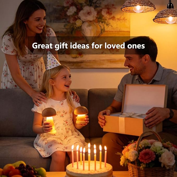 Wooden Mushroom Lamp Rechargeable, Cordless Table Lamp, Portable Mushroom Night Light for Bedroom, Studyroom, Living Room, Office, Birthday Gifts, Rubber Wood