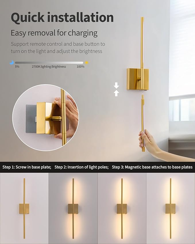KDG Cordless Wall Sconces with Remote Control, Wireless 5200mAh Rechargeable Battery Operated LED Wall Lamps, 360° Rotate Lightings for Wall Painting, Bedroom, Hallway, Night Light 23.6 inch (Gold)